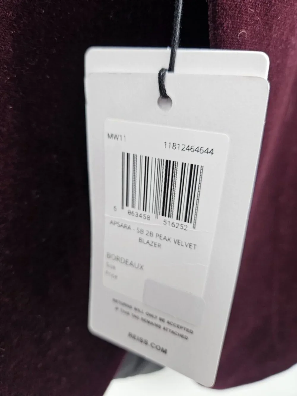 New Reiss Apsara Bordeaux Wine Velvet Blazer Men 44 Peak Lapel Jacket Sportscoat